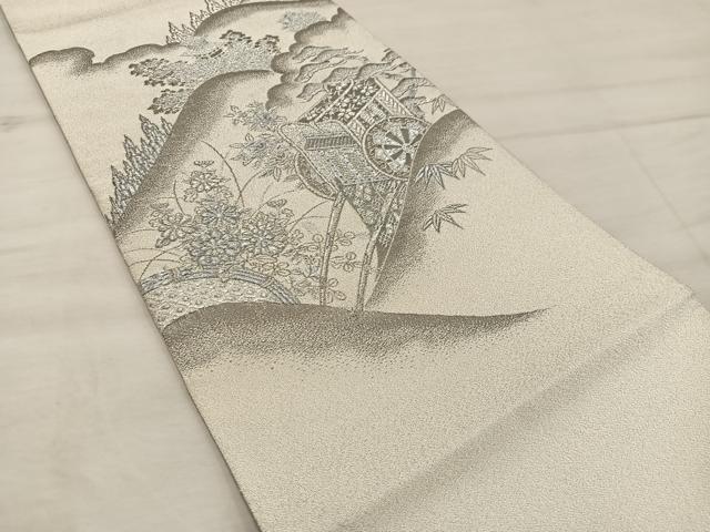 平和屋着物◎太鼓柄袋帯 綴れ 御所車花文 プラチナ箔 正絹 逸品 BAAX4204mz
