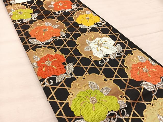 平和屋着物◎六通柄袋帯 唐織 雪輪椿花文 黒地 金銀糸 正絹 逸品 BAAX4206mz