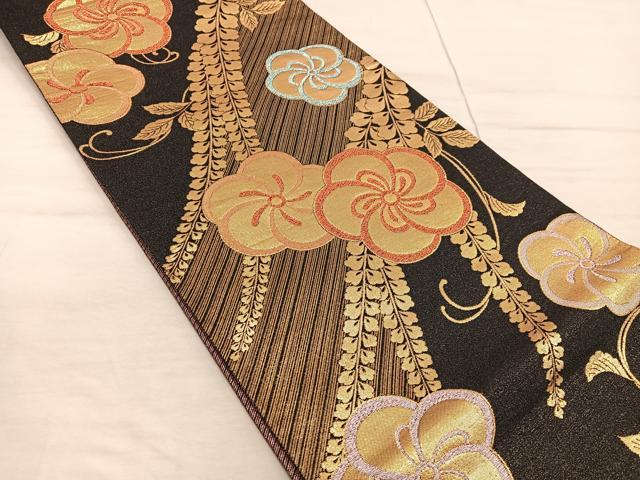 平和屋着物◎西陣 六通柄袋帯 梅花文 黒地 金糸 正絹 逸品 BAAX4267mz