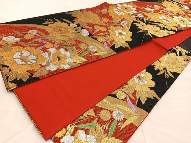 平和屋着物◎六通柄袋帯 更紗花文 黒地 金糸 正絹 逸品 BAAX4268mz