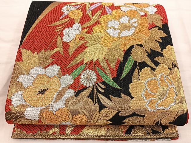 平和屋着物◎六通柄袋帯 更紗花文 黒地 金糸 正絹 逸品 BAAX4268mz