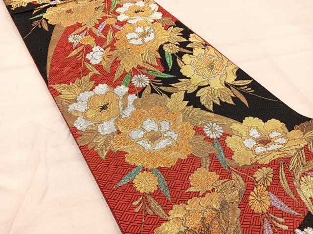 平和屋着物◎六通柄袋帯 更紗花文 黒地 金糸 正絹 逸品 BAAX4268mz