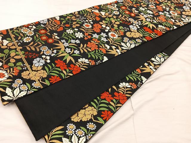 平和屋着物◎六通柄袋帯 唐織 草花文 黒地 金糸 正絹 逸品 BAAX4287mz