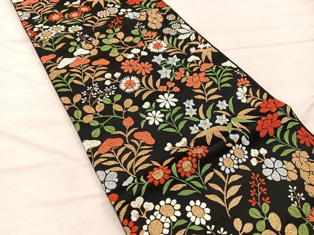 平和屋着物◎六通柄袋帯 唐織 草花文 黒地 金糸 正絹 逸品 BAAX4287mz