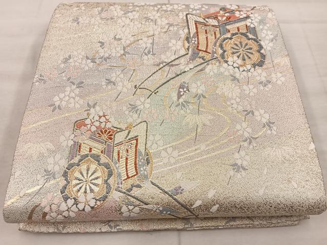 平和屋着物◎六通柄袋帯 御所車花文 金糸 正絹 逸品 BAAX4297mz