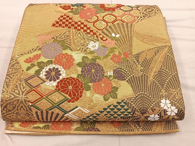 平和屋着物◎六通柄袋帯 唐織 扇面花文 金糸 正絹 逸品 BAAX4298mz