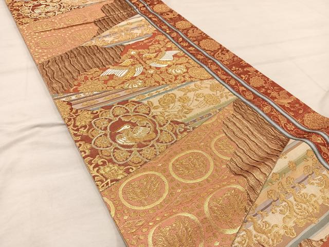 平和屋着物◎六通柄袋帯 向かい鳥花文 金糸 正絹 逸品 BAAX4314mz