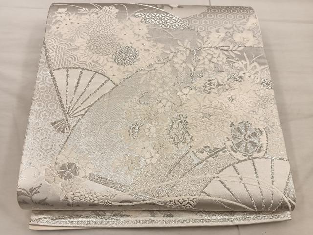 平和屋着物◎六通柄袋帯 美保姿 扇面花文 銀糸 正絹 逸品 BAAX4347mz