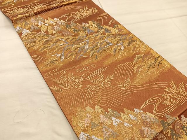 平和屋着物◎六通柄袋帯 飛鶴樹林文 金糸 正絹 逸品 未使用 BAAX4356mz