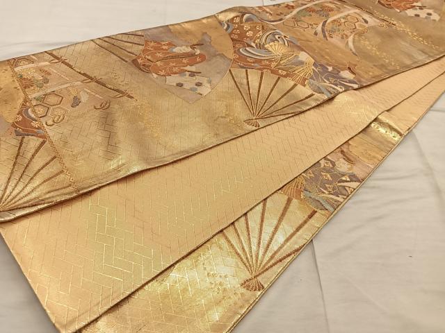 平和屋着物◎佐賀錦 六通柄袋帯 扇面人物花文 金糸 正絹 逸品 BAAX4371mz