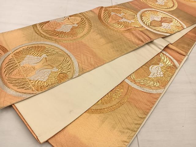 平和屋着物◎六通柄袋帯 唐織 向かい鶴丸文 金糸 正絹 逸品 BAAX4390mz