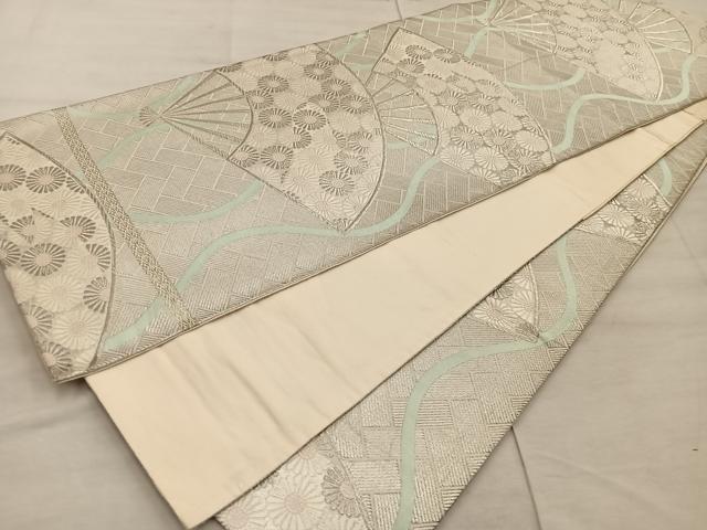 平和屋着物◎六通柄 京袋帯 扇面菊花文 銀糸 正絹 逸品 BAAX4429mz