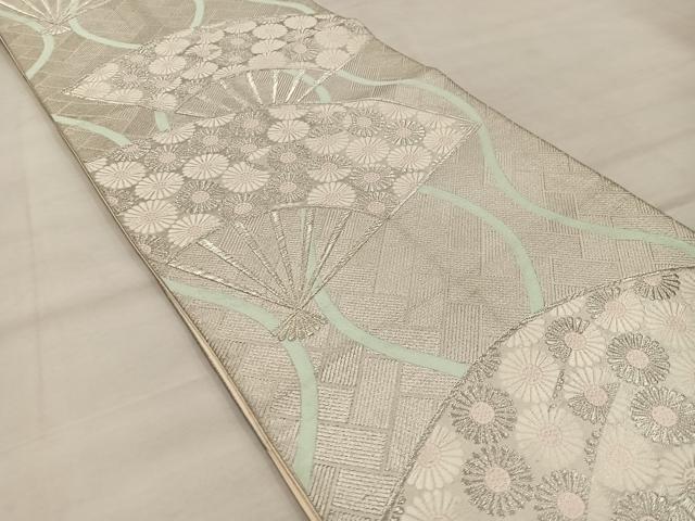 平和屋着物◎六通柄 京袋帯 扇面菊花文 銀糸 正絹 逸品 BAAX4429mz