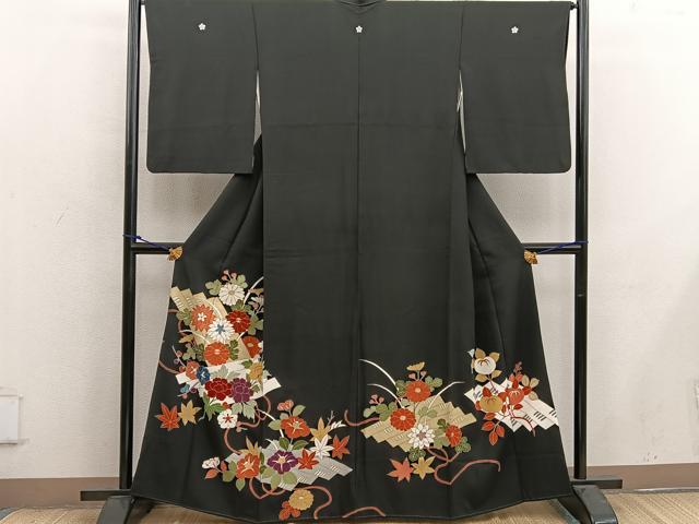平和屋着物□豪華黒留袖 駒刺繍 草花文 金彩 正絹 逸品 BAAX4488mz