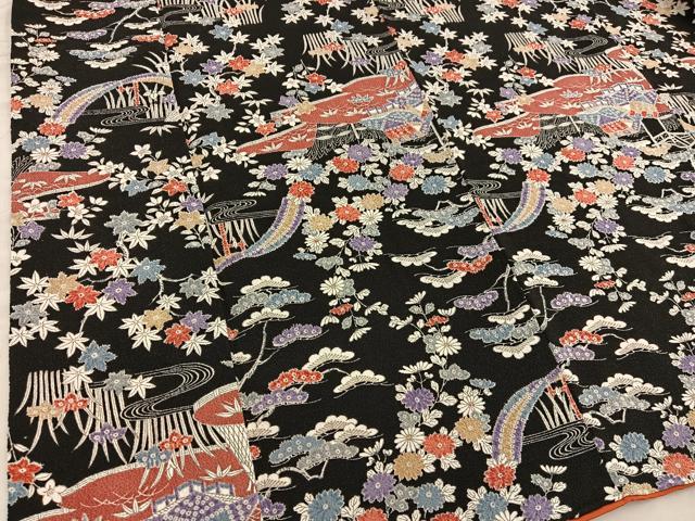 平和屋着物■上質な小紋 風景花文 黒地 鬼しぼ縮緬 正絹 逸品 BAAX4500mz