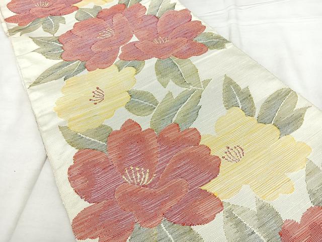 平和屋着物◎八寸名古屋帯 紬地 草花文 正絹 逸品 BAAX4609qw