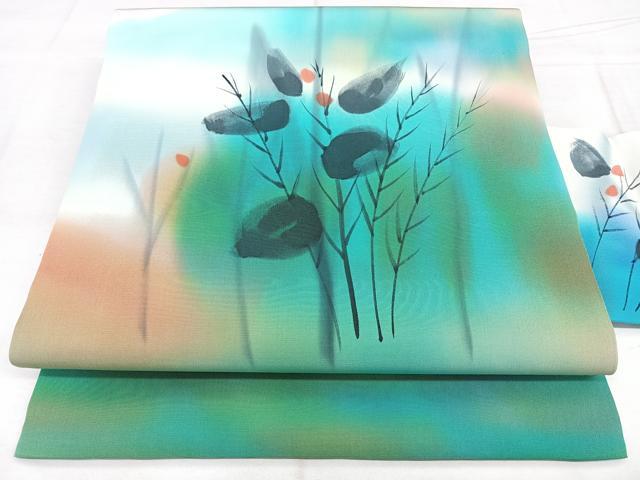 平和屋着物◎塩瀬 九寸名古屋帯 手描き 枝花文 正絹 逸品 BAAX4619qw
