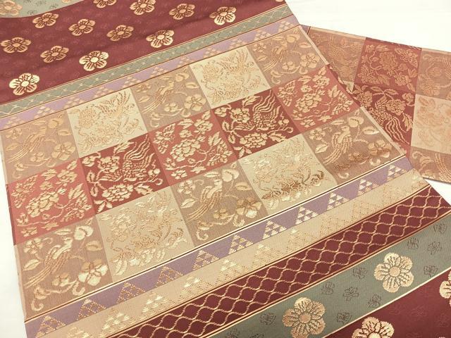 平和屋着物◎九寸名古屋帯 横段花鳥文 金糸 正絹 逸品 BAAX4636qw