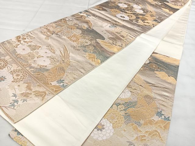 平和屋着物◎西陣 六通柄袋帯 御所車花鳥 プラチナ箔二重織 証紙付き 正絹 逸品 BAAX4682qw