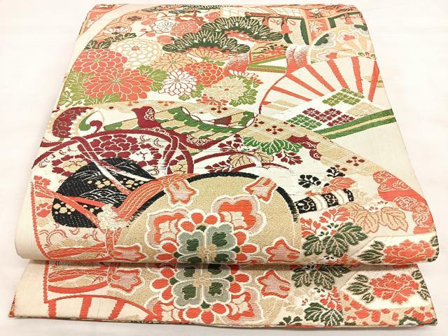 平和屋着物◎アンティーク 大正ロマン 丸帯 扇面鼓御所車文 金糸 正絹 逸品 BAAX4689qw