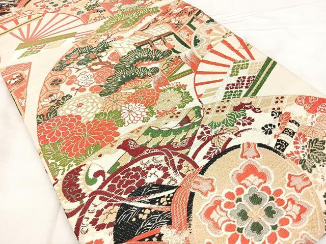 平和屋着物◎アンティーク 大正ロマン 丸帯 扇面鼓御所車文 金糸 正絹 逸品 BAAX4689qw