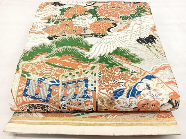平和屋着物◎アンティーク 大正ロマン 丸帯 扇面花鳥文 金糸 正絹 逸品 BAAX4691qw