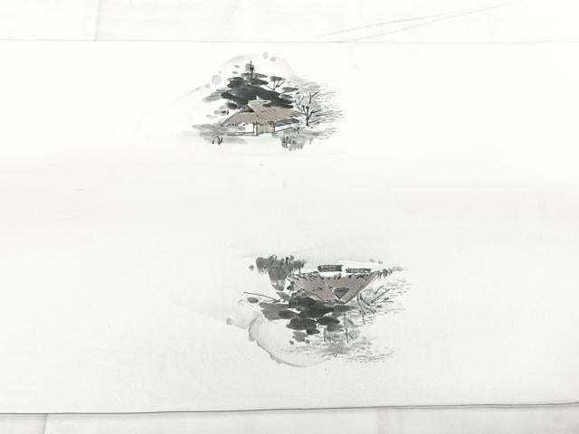 平和屋着物◎塩瀬 九寸開き名古屋帯 作家物 手描き 風景文 正絹 逸品 BAAX4713qw