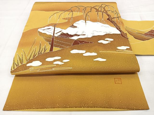 平和屋着物◎塩瀬 九寸名古屋帯 作家物 ろうけつ染め 風景文 金彩 正絹 逸品 BAAX4716qw