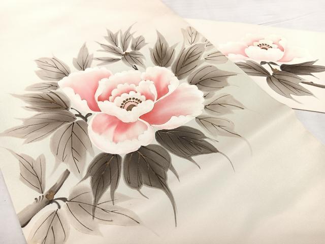 平和屋着物◎塩瀬 九寸名古屋帯 手描き 牡丹 金彩 正絹 逸品 BAAX4719qw
