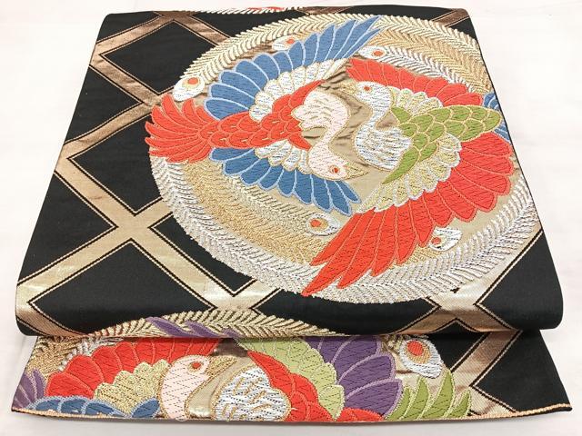 平和屋着物◎六通柄袋帯 唐織 向かい鳥丸文 黒地 金銀糸 引箔 正絹 逸品 BAAX4731qw