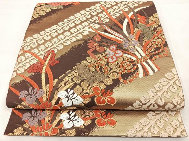 平和屋着物◎六通柄袋帯 唐織 斜線文花蝶文 金糸 正絹 逸品 BAAX4754qw