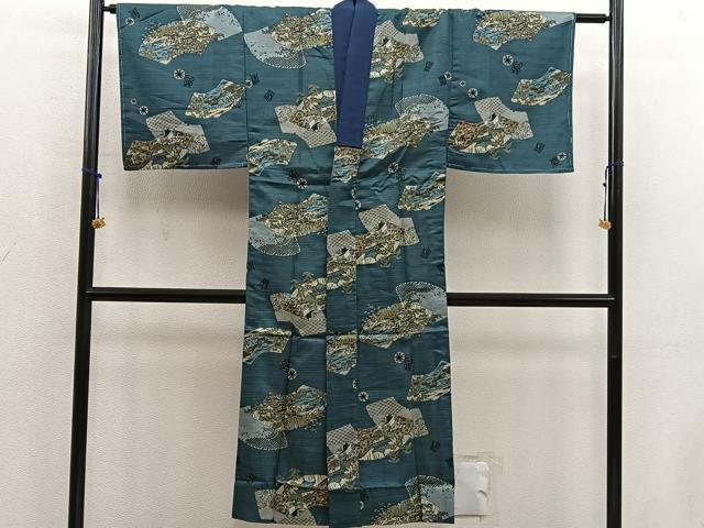 平和屋着物■男性 長襦袢 無双仕立て 地紙重ね風景文 ウール 未使用 BAAX4809mz