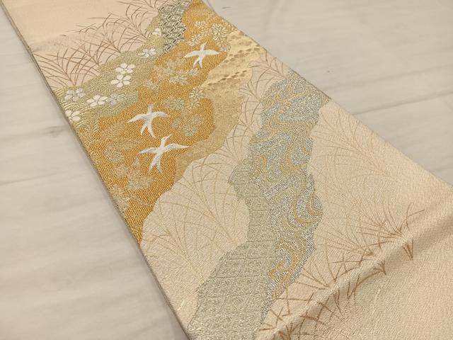 平和屋着物◎太鼓柄袋帯 明綴 花鳥文 プラチナ箔 正絹 逸品 BAAX4833mz