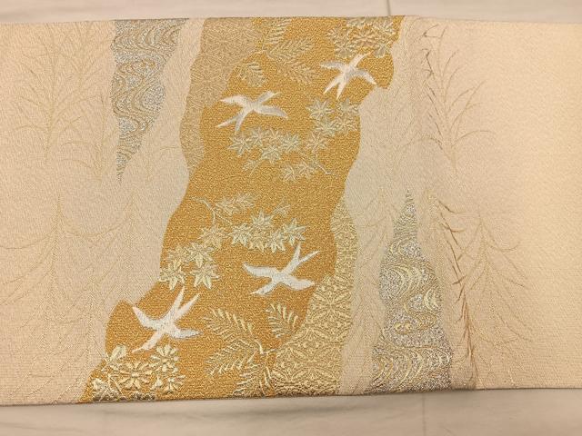 平和屋着物◎太鼓柄袋帯 明綴 花鳥文 プラチナ箔 正絹 逸品 BAAX4833mz