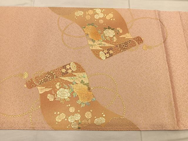 平和屋着物◎太鼓柄袋帯 鴛鴦御所車花文 金彩 正絹 逸品 未使用 BAAX4853mz