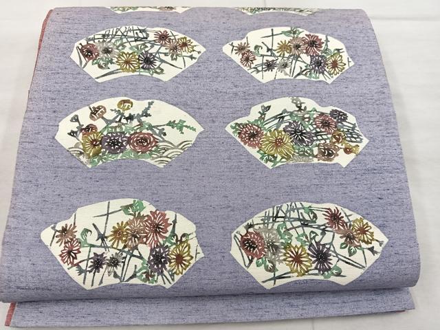 平和屋着物●太鼓柄袋帯 紬地 型染め 草花文 正絹 逸品 BAAX4859mz