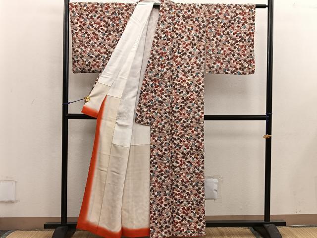 平和屋着物■上質な小紋 紬地 型染め 流水花文 正絹 逸品 BAAX5011mz