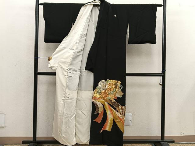 平和屋着物■豪華黒留袖 駒刺繍 檜扇花文 金彩 正絹 逸品 BAAX5036mz