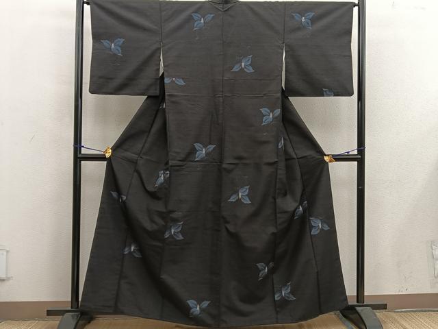 平和屋着物■上質な紬 草花文 黒地 正絹 逸品 BAAX5045mz