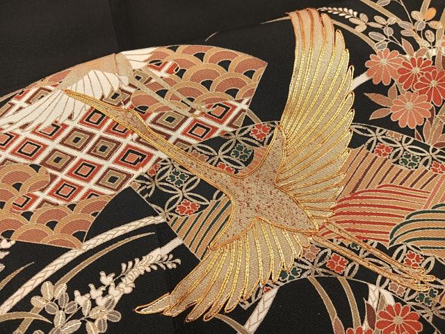 平和屋着物■豪華黒留袖 駒刺繍 地紙重ね飛鶴花文 金彩 正絹 逸品 BAAX5078mz