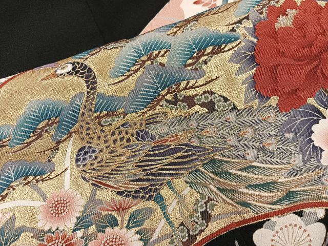 平和屋着物■豪華黒留袖 駒刺繍 地紙孔雀花文 金彩 正絹 逸品 BAAX5103mz
