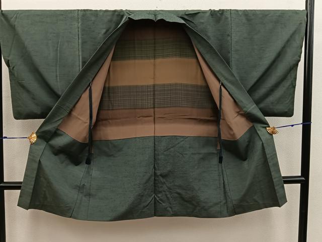 平和屋着物■男性 紬 アンサンブル 黒緑色 正絹 逸品 BAAX5198mz