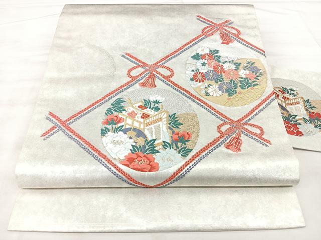 平和屋着物◎九寸名古屋帯 青銅箔 御所車花文 金銀糸 正絹 逸品 BAAX5236qw