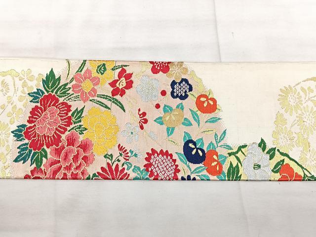 平和屋着物◎アンティーク 大正ロマン 九寸名古屋帯 唐織 草花文 正絹 逸品 BAAX5248qw
