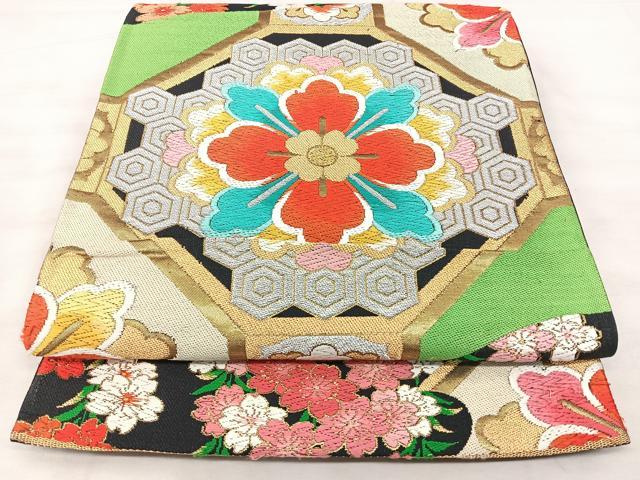 平和屋着物◎六通柄袋帯 唐織 蜀江花文 黒地 金銀糸 正絹 逸品 BAAX5254qw