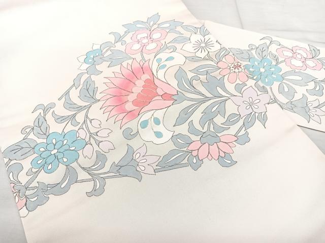平和屋着物◎九寸名古屋帯 駒刺繍 洋花唐草文 正絹 逸品 BAAX5273qw