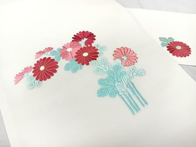 平和屋着物◎塩瀬 九寸名古屋帯 総刺繍 駒刺繍 菊文 正絹 逸品 BAAX5275qw