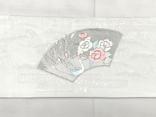 平和屋着物◎九寸名古屋帯 刺繍 地紙孔雀花文 プラチナ 正絹 逸品 BAAX5277qw