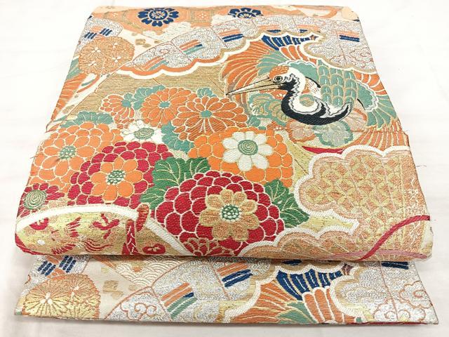 平和屋着物◎アンティーク 大正ロマン 丸帯 飛鶴扇花鼓文 金糸 正絹 逸品 BAAX5289qw