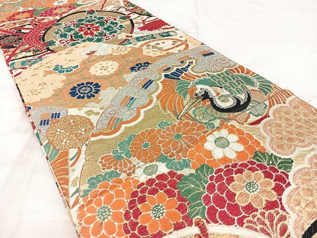 平和屋着物◎アンティーク 大正ロマン 丸帯 飛鶴扇花鼓文 金糸 正絹 逸品 BAAX5289qw